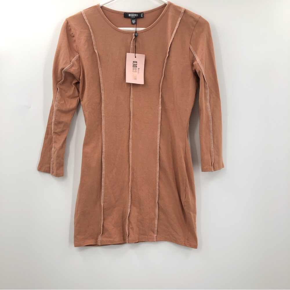 Missguided petite exposed seams long sleeve mini dress in camel brand new